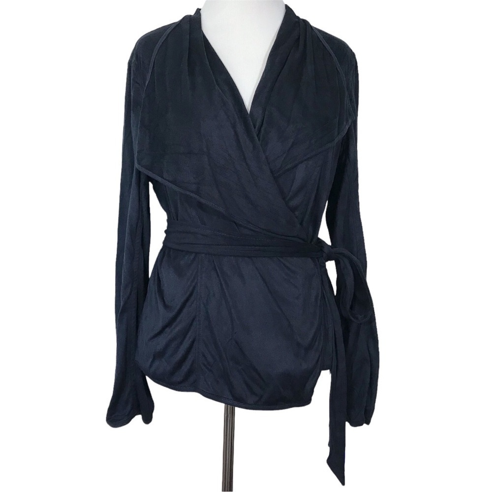 DENNIS BASSO Faux SUEDE Wrap Coat Waterfall Collar Jacket Blue Size Small